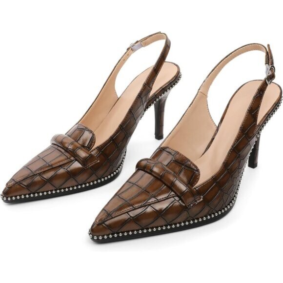 Women Crocodile Brown Stiletto Beaded Pointed Toe Slip On Loafers Slingback Heel - Picture 5 of 7